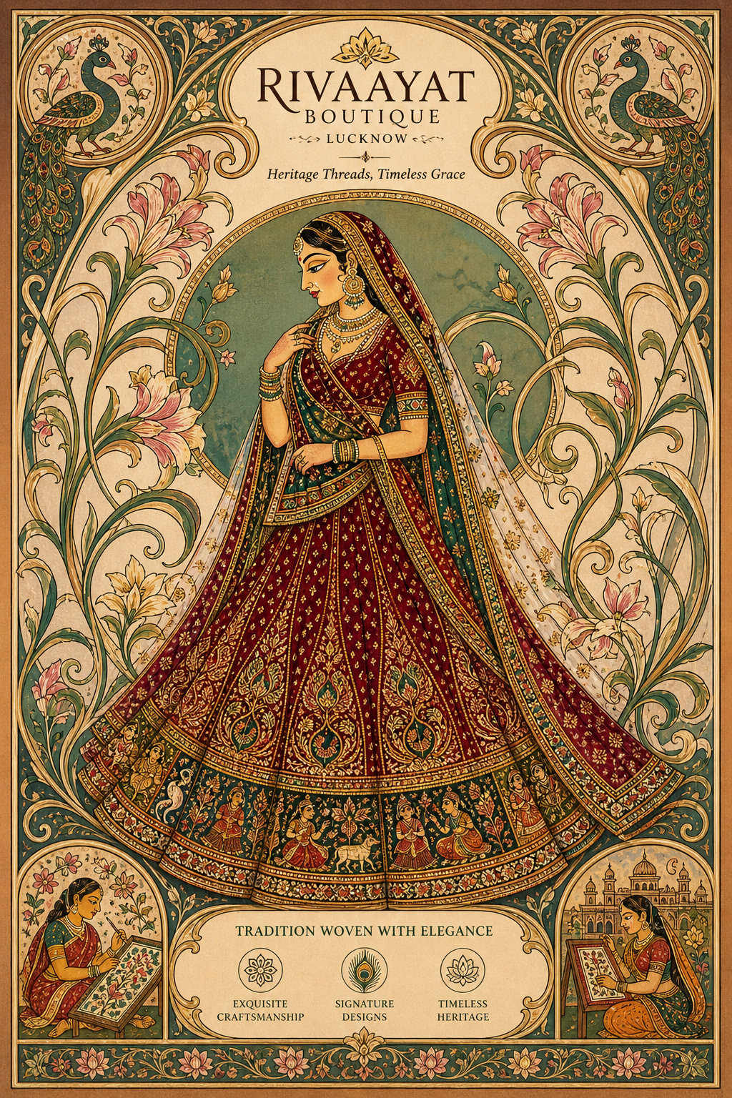 Rivaayat Boutique — Aanya helping a bride try on a rose-gold zardozi lehenga in the Hairatganj Lucknow store, dupatta arrangement moment, soft chandelier light